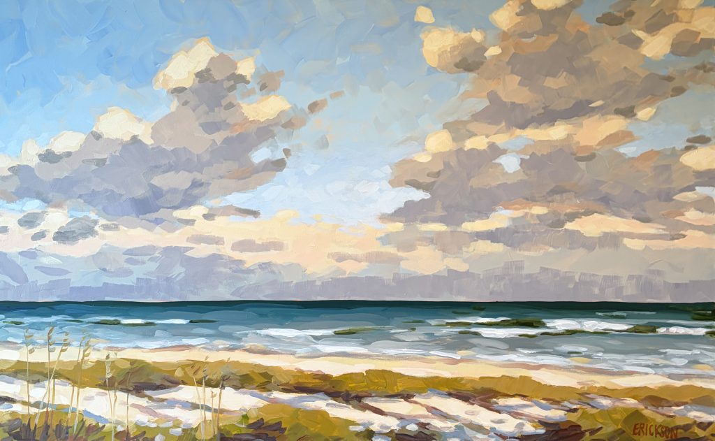 painting of beach and clouds