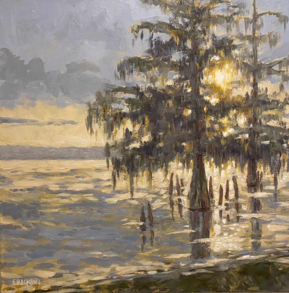 painting of sunrise and cypress trees in the river